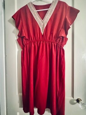Red V-Neck Tunic with Crochet Trim